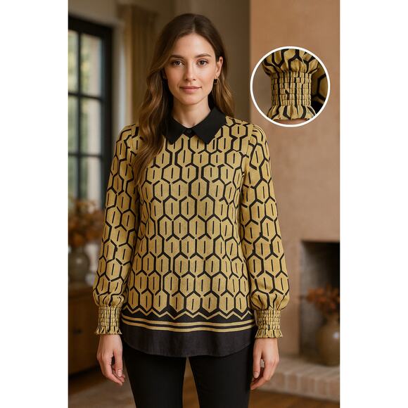 NWT NY & Co XXL Gold Black Geometric Blouse Balloon Poet Sleeve Silky Art Deco - Picture 2 of 9